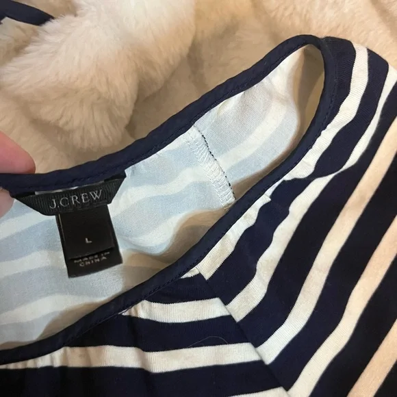 J. Crew L Navy Blue Ecru Striped Boat Neck Preppy Knit Top Teacher Workwear City