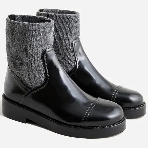 J.Crew Black Italian Leather Ribbed Knit Cuff Ankle Boots NIB NWT Size 7 BM708