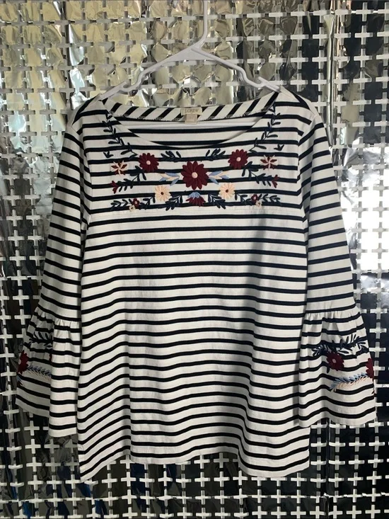 J.Crew Navy and White Striped Tee with Floral Embroidery