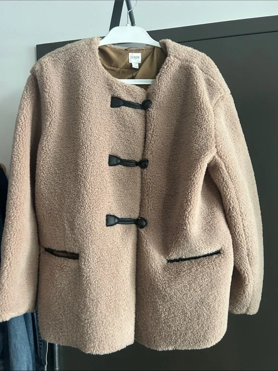 J. Crew Factory Women's Teddy Toggle Jacket in Light Brown with Black Trim