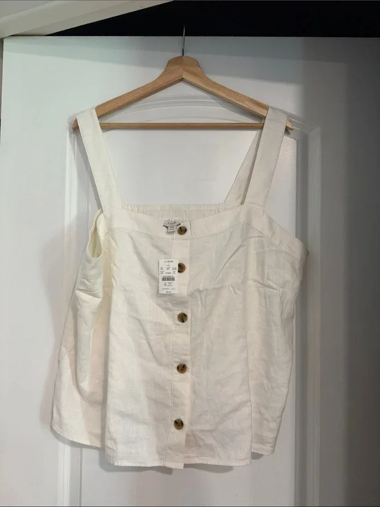 J. Crew Cream Button-Front Linen-Blend Tank Elastic Back Summer Vacation
