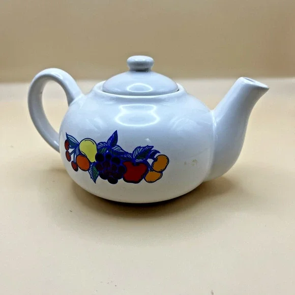 Vintage Cottagecore Boho Betallic Fruit‎ Design Small White Tea Pot