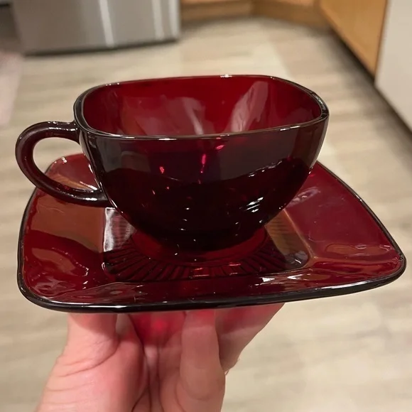 Anchor Hocking Royal Ruby Red Charm Square Tea Cup and Saucer Vintage
