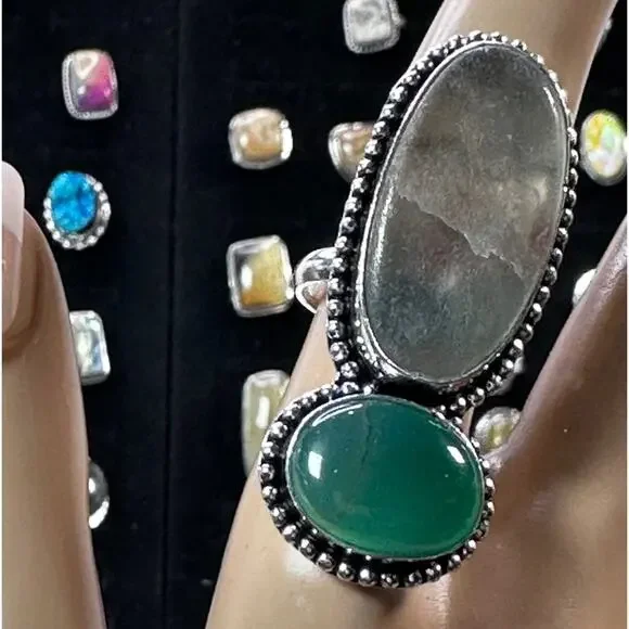 💕 Dendritic agate and Chalcedony,‎ double gemstone ring silver plated size 8