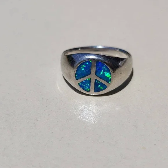 Vintage Sterling Silver Fire Opal Peace Sign Signet Ring Size 6.75 Blue Green