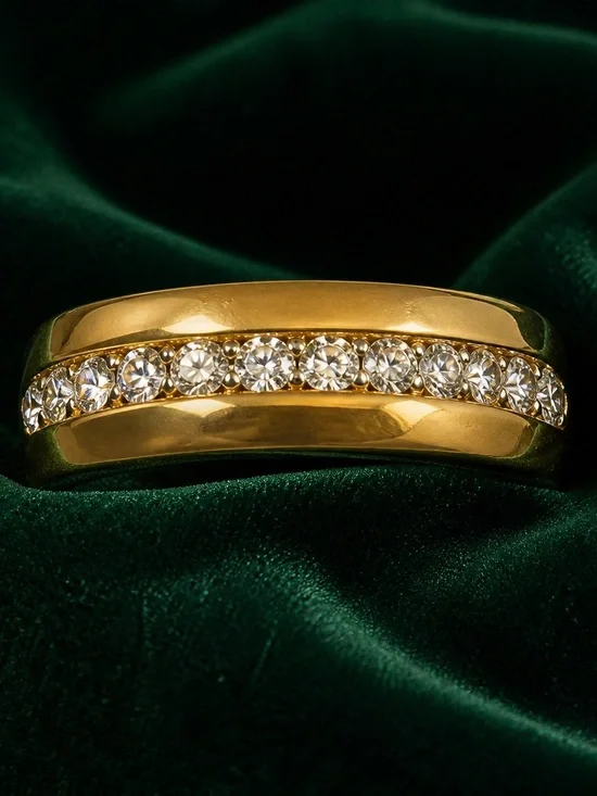 Luxury Collection Titanium Steel Golden w/ Cubic Zirconia Inlay Beveled Band S 7
