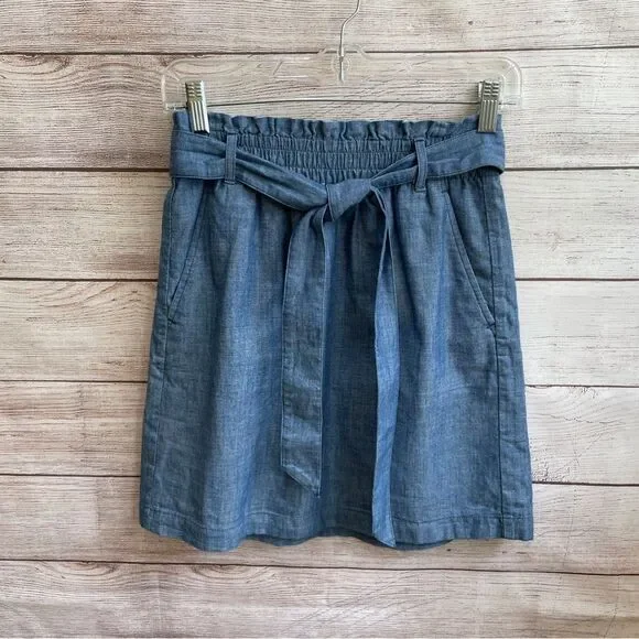 J CREW PAPERBAG WAIST MINI SKIRT IN BLUE CHAMBRAY‎