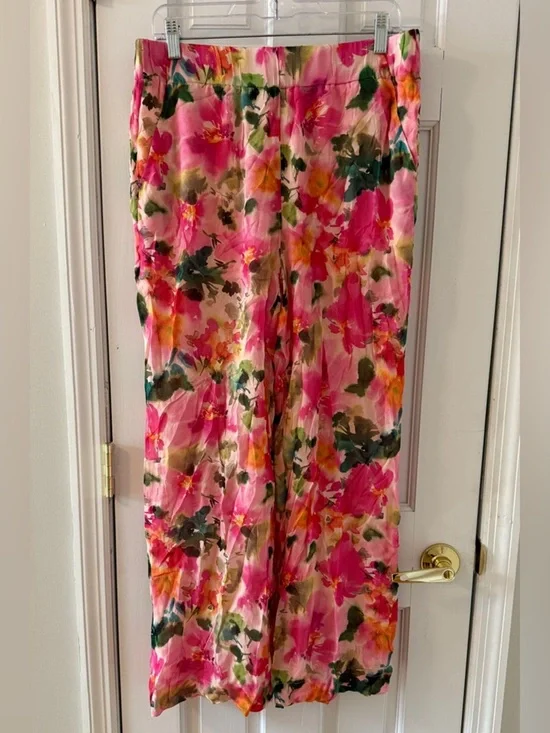 J. CREW Women’s Pink Watercolor Floral Chiffon Full Length Wide Leg Astrid Pants