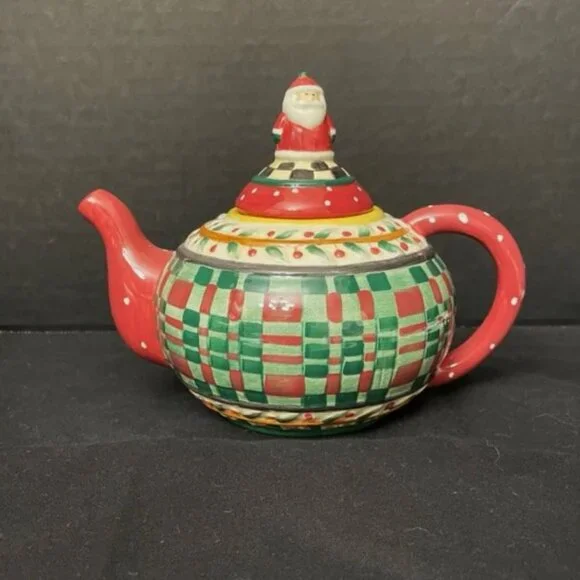 Debbie Mumm‎ Sakura Christmas Mini Teapot Santa Lid Holly Plaid Holiday Seasonal
