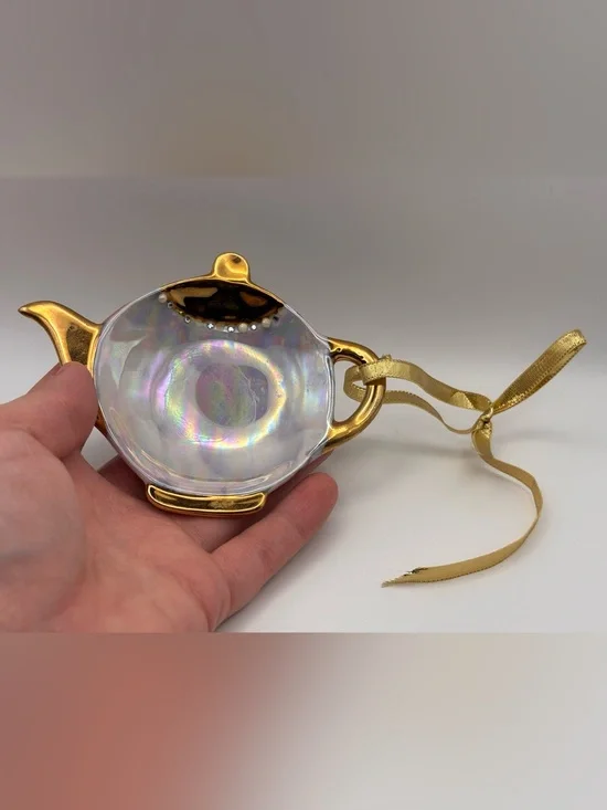 Vintage Lusterware Teabag Rest Ornament Iridescent and Gold Teapot Hanging Decor