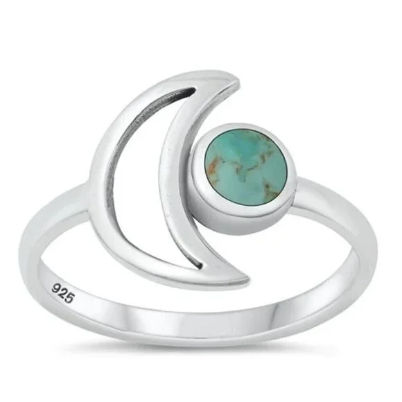 Sterling Silver 925 Thai Crescent Moon Round Turquoise Celestial Ring Sz 6.5 NEW