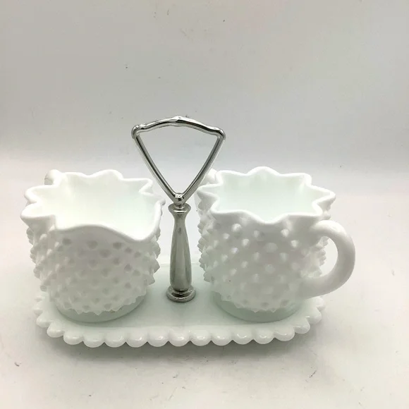 White Hobnail Milk Glass Creamer and Sugar Set