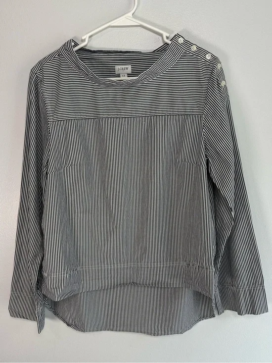 J. Crew Black Funnel neck Striped   Button-Shoulder Top high low hem size 12