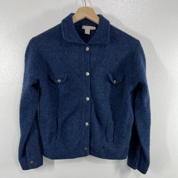 J.Crew Wool Bomber Style Jacket Women's Large Navy Button Front‎ Pocket Coat