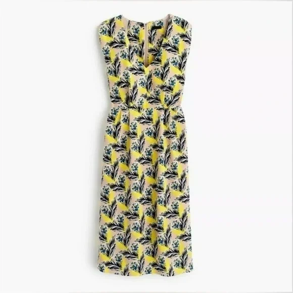 J Crew Yellow Floral Dress Spring Meadow Sleeveless 100% Silk Midi 4P Petite