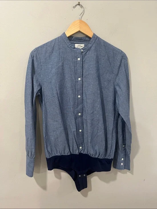 J. Crew Blue Chambray Button-Down Bodysuit with Navy Hem