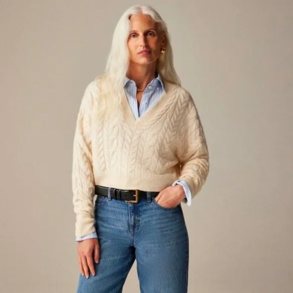 New! J. Crew Cashmere Cropped Cable Knit V-neck Sweater XL