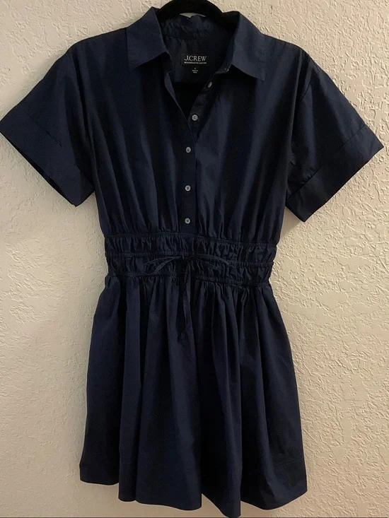 J. Crew Navy Drawstring Waist Cotton Shirt Dress with side pockets