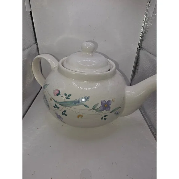 Vintage Floral Ceramic Teapot Cream with Purple and Pink Flowers Cottagecore