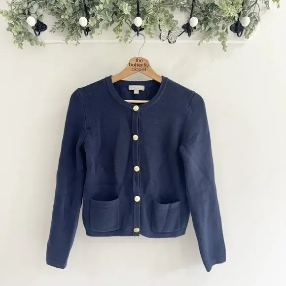 J.Crew Emilie patch pocket sweater Navy Gold Button XXS 15-55 preppy academia