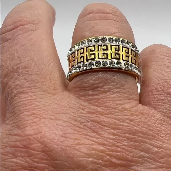 Gold-Tone Greek Key Crystal Band Ring - Size 10