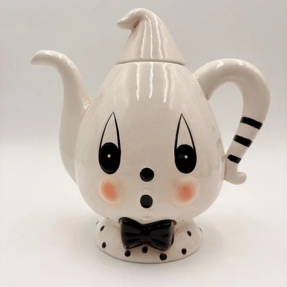 Johanna Parker Gus Ghost Clown Ceramic Teapot White Black Polka Dot Halloween
