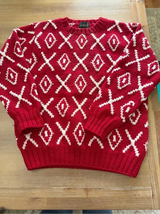 Vintage Nordic J. Crew Red Crewneck Sweater with White Diamond & X Pattern