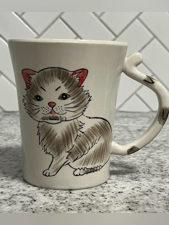Pier 1 Imports Hand Painted Gray Cat Stoneware Coffee Mug Tail Handle 12 oz