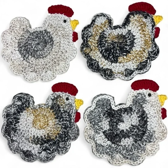 Chicken Cup Mug Coasters Set of‎ 4 Handcrafted Crochet by Seller Cotton