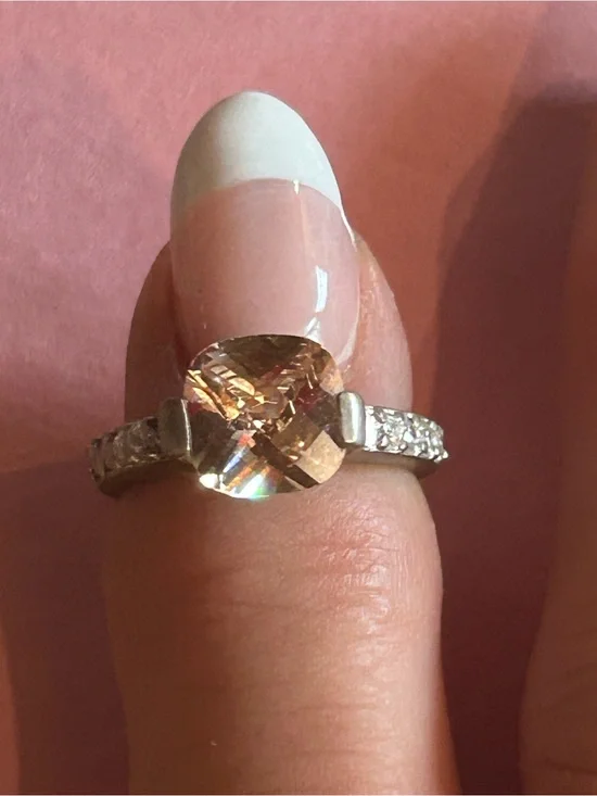 Vintage Sterling Silver Cocktail Ring with Checker-Cut Champagne Cubic Zirconia