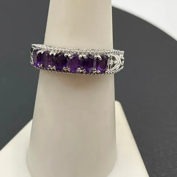 Amethyst Faceted Oval Sterling Stainless Steel‎ Open Heart Flank Ring Sz 7.5