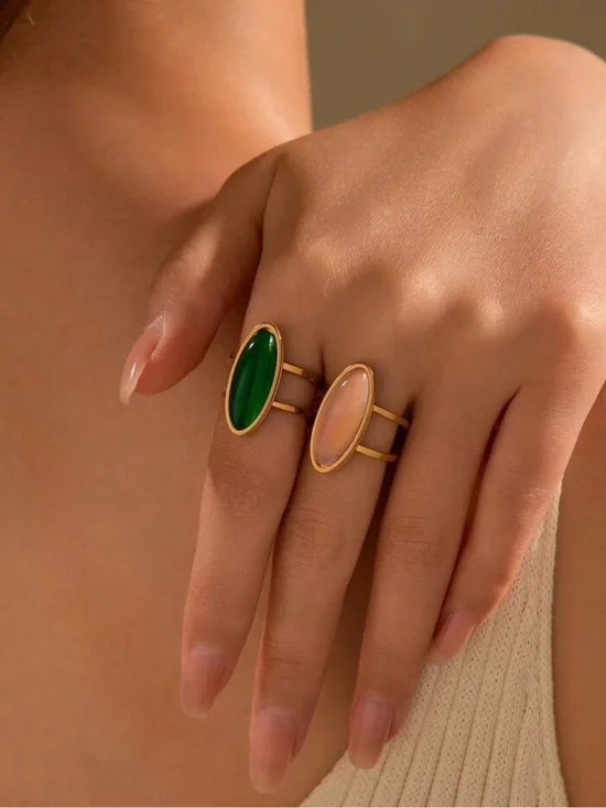 Gold-Set Oval Gemstone Stacking Rings in Green and Pink