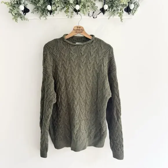 J. Crew Green Cable Knit Rolled Neck Sweater XL K5579 holiday 2025