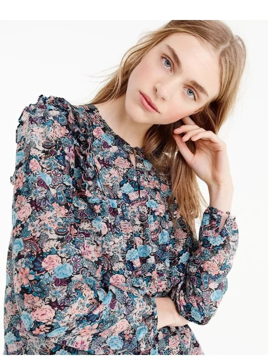 J Crew Ruffle Top Sz M Long Sleeve Blue Pink Paisley Floral Cotton Silk Bohemian