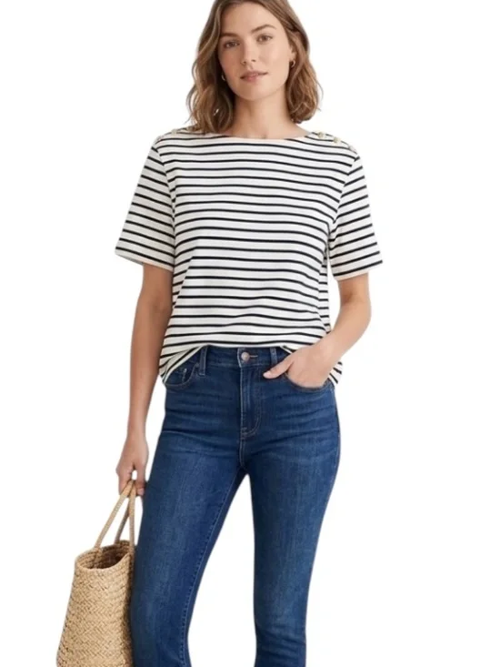 J.Crew Striped Sailor Short Sleeve Top L White Blue Crest Buttons Parisian Chic