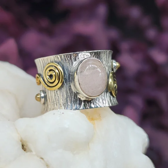 Sterling Silver 925/14k Gold Boho Ring Natural Rose Quartz Love Protect