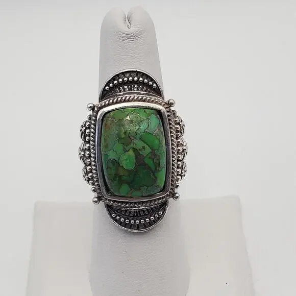 Vintage 925 Sterling Silver Green Copper Turquoise Ring Size 7.75