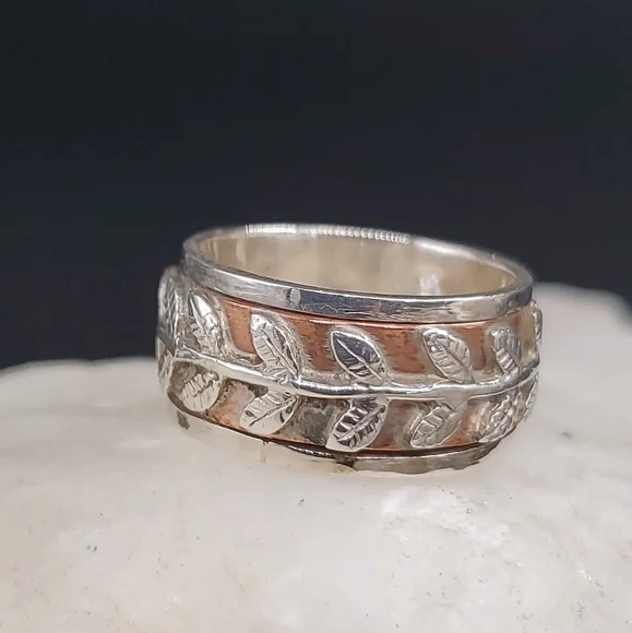 Sterling Silver 925/14k Rose Gold Ring Designer Silversmith Boho Leaf Branch