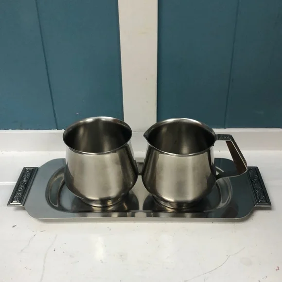 Vintage International Decorator Stainless 18-8 Tray, Creamer & Sugar Bowl‎ JAPAN