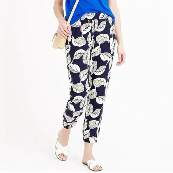 J. Crew Seaside Tropical Leaf Linen Blend Joggers size 4 Vacation Lightweight