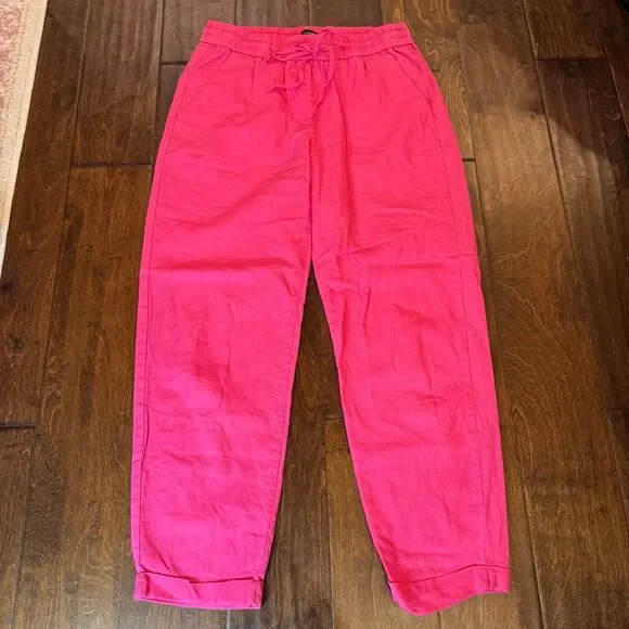 J. Crew Hot Pink 100% Linen Drawstring Pants size 4 Lightweight Bright Casual