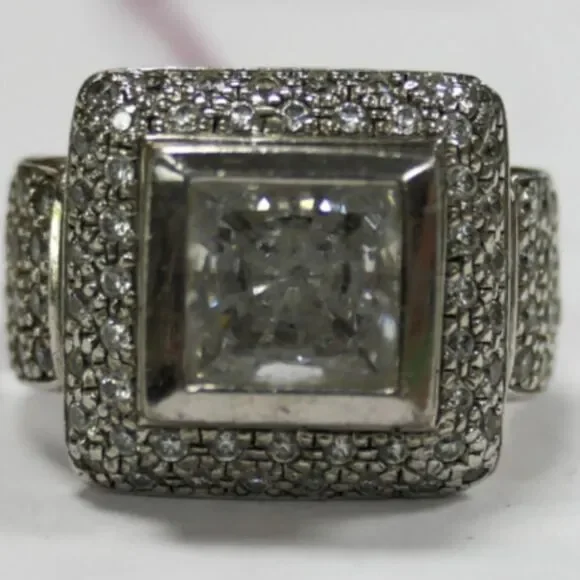 Sterling Silver Ring With Large Princess Cut CZ Center Stone - Ring Size 7