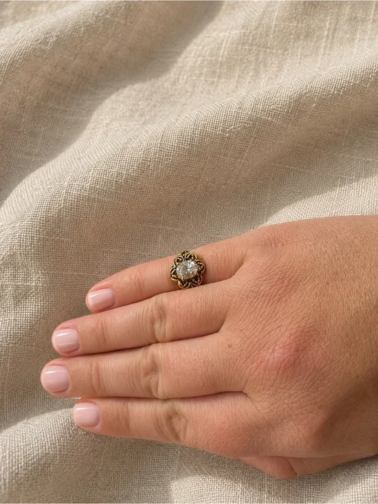 Antique Victorian 14K GE ESPO Gold Ring Oval Stone Floral Size 5.5