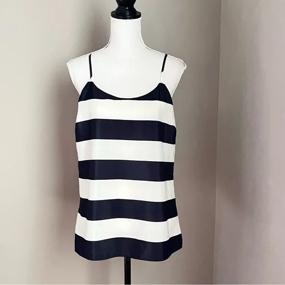 J. Crew Women's Top Size 8 Racerback Navy Blue & Ivory Striped Blouse Nautical
