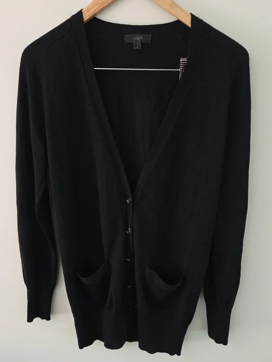 J. Crew 100% Merino Wool Black V-Neck Button Front Cardigan with Pockets