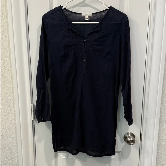 JCrew Navy Blue Embroidered Linen Tunic Top