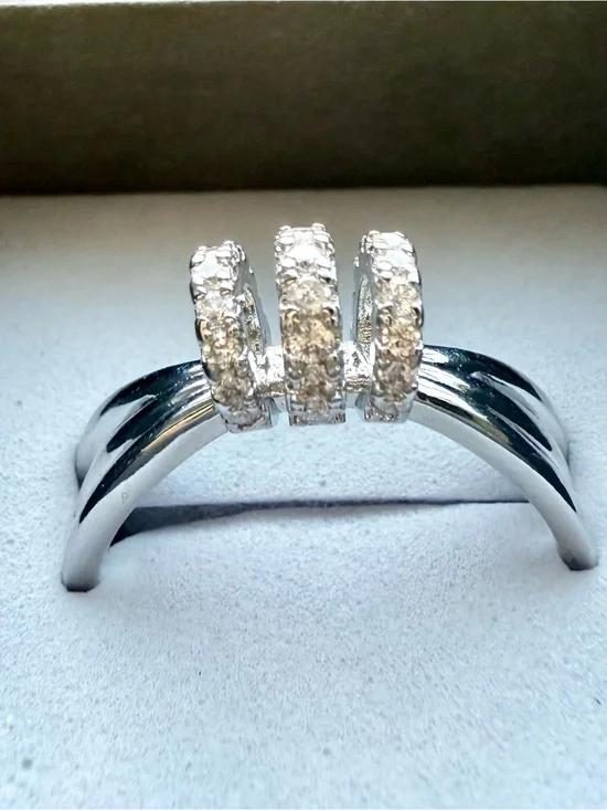 NEW! 14k White Gold Plated Triple-Hoop Ring with Clear Cubic Zirconia Accents