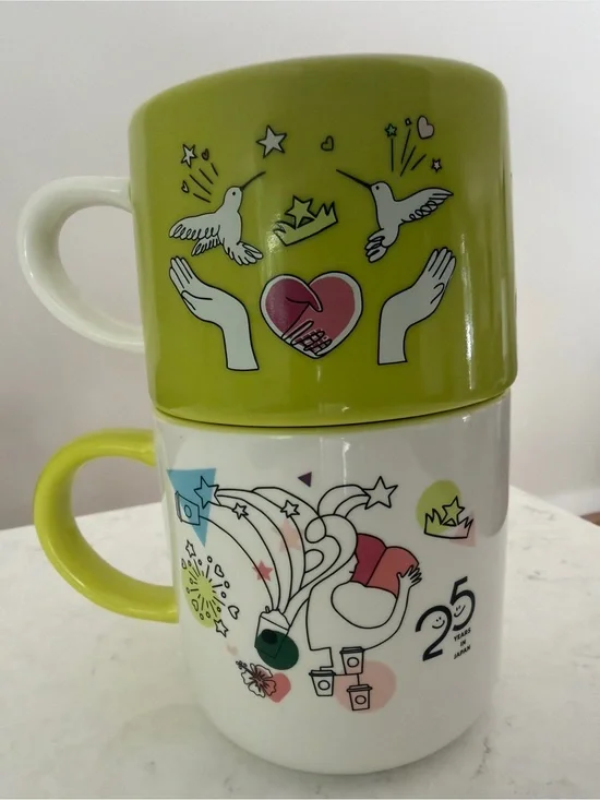 Starbucks Japan 25th Anniversary Stacking Mug & Cup 8oz & 12oz Hummingbird Logo