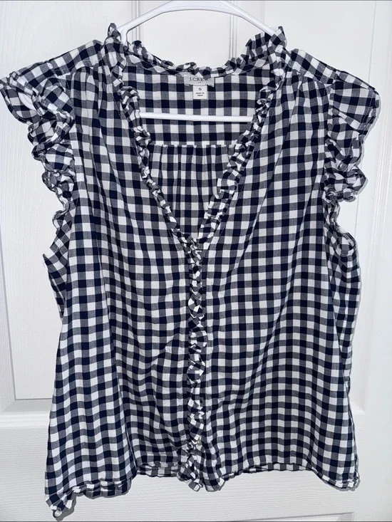 J. Crew Black and White Gingham Ruffle-Trim Camisole