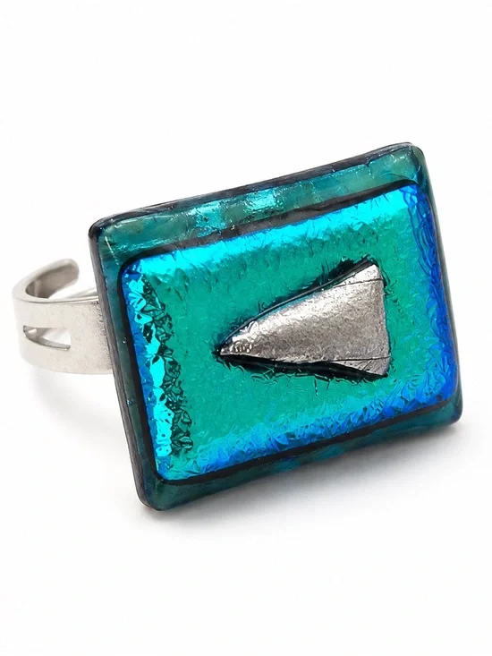 Handmade Dichroic Fused Glass Statement Ring Blue Turquoise Adjustable Artisan R
